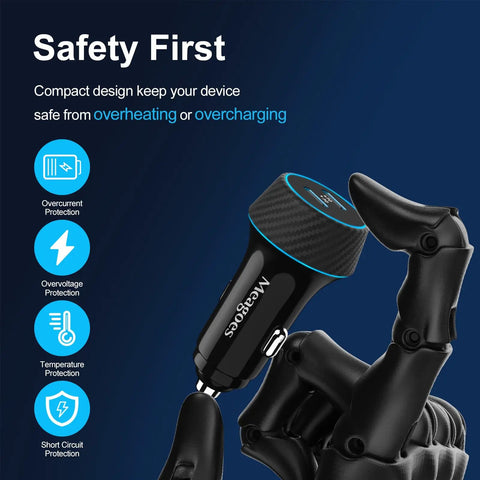 Two Pack Dual 45W PD USB C Car Charger With 90W Total Output in robotic hand, highlighting safety features