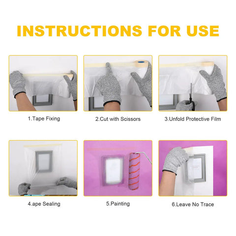 Instructions for using Pro Grade Pre-Taped Masking Film And Tape For Auto Painting And DIY Projects with images of application steps.