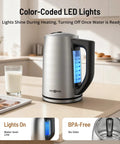 Six Preset Temperature Electric Kettle With Dope Precision Control, 1.7L Stainless Steel, 1500W Fast Boil, LED lights on