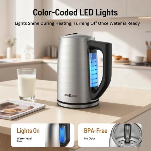 Six Preset Temperature Electric Kettle With Dope Precision Control, 1.7L Stainless Steel, 1500W Fast Boil, LED lights on