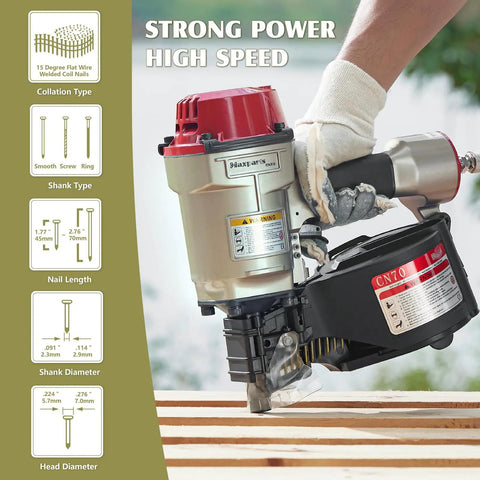 CN70 Pneumatic Coil Nailer 1-3/4 Inch To 2-3/4 Inch Siding Nailer in hand showing nail types and specifications chart.