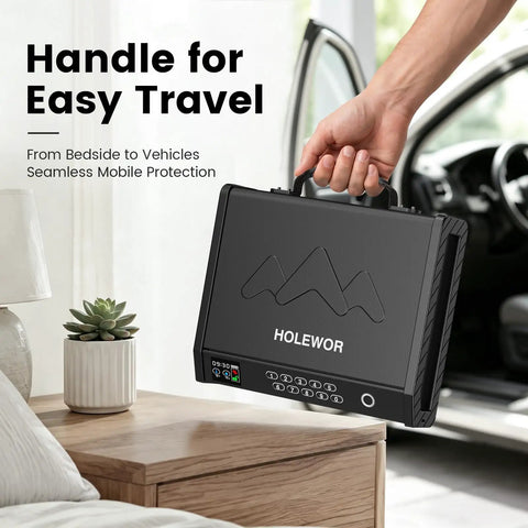 Handheld Biometric Gun Safe With Ergonomic Handle For Quick Access To Your Piece And Key Backup Secure Storage You Can Toss In The Truck Or Nightstand And Roll Out With Peace Of Mind, shown being carried.
