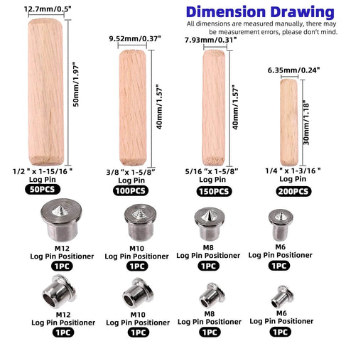 Premium Wood Dowel Pins Set 508 Pieces with beveled ends, fluted tips, and transfer plugs shown with dimensions and plug sizes.