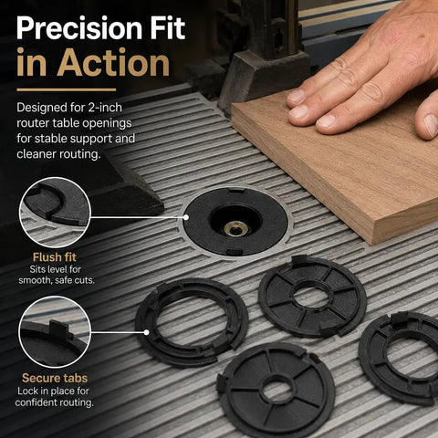 Drop The Mic 5 Pack 2 Inch Router Table Insert Rings Ultra Premium Abs Construction Fast Mount For Sears Craftsman Workbenches Dope Woodshop Gear Black placed around a router table opening.