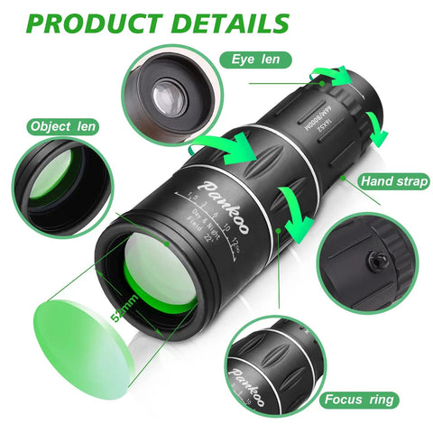 16x52 High Power Monocular Telescope With Hand Strap For Adults And Kids, Waterproof And Fogproof, Shockproof Outdoor Scope, Perfect Gift For Men, Bird Watching, Hunting, Camping, And Hiking Gear black monocular with 52mm lens and focus ring