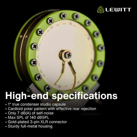LCT440PURE 1 Inch True Condenser Microphone with Cardioid Pattern showcasing specifications and capsule