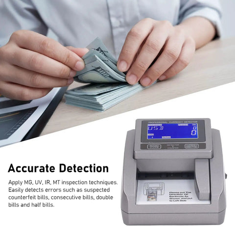 Fast Money Counter Machine With Bright LED Display Counts 120 Bills Per Minute No Jam Cash Counter In Multiple Modes Ideal For Shops And Retail 100 240 Volt US Plug next to person counting cash by hand