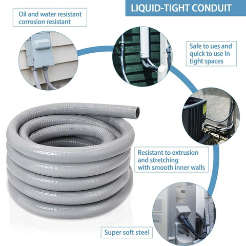 One Half Inch Liquid Tight Non Metallic Electrical Conduit Kit with 25 Ft Flexible Conduit, shown coiled with usage examples.