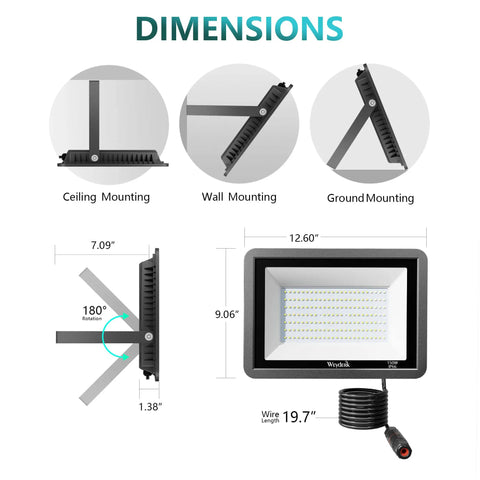Dimensions and mounting options for 2 Pack 150W Outdoor LED Flood Lights 5000 Lumen IP66 Waterproof Daylight 6500K Floodlight with Cable Glands.