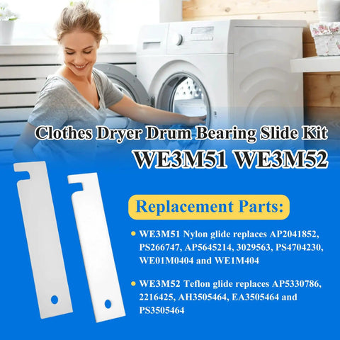 Woman beside dryer with Four Pack Dryer Drum Bearing Slides Kit With Teflon And Nylon Glide Replacements WE3M51 WE3M52