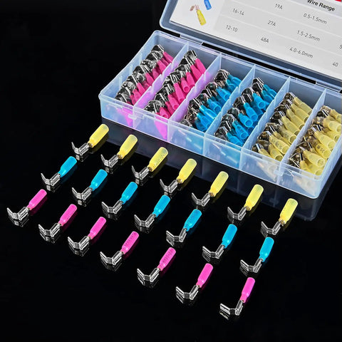 Heat Shrink Piggy Back Spade Terminals Assortment Kit For Auto Cars Trucks Boats 22-16 16-14 12-10 AWG Quick Splice Crimp Connectors 140 Piece Set With Color Coded Red Blue Yellow