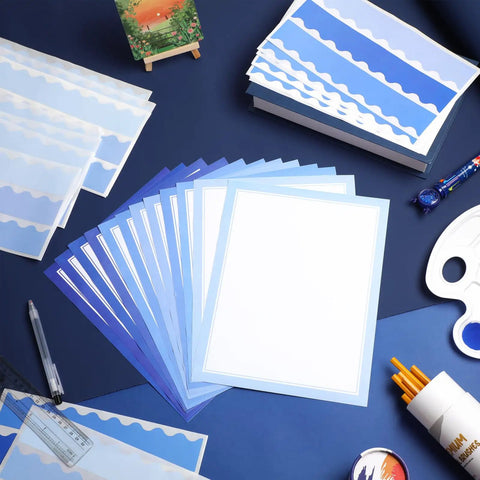 90 Piece Science Fair Board Supplies Set With 72 Scalloped Bulletin Borders In Bold Colors And 18 Sheets Of Presentation Subtitle Stickers For Classroom Displays And Kid Friendly Office Use Blue, featuring blue borders and sheets on a table