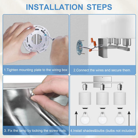Installation steps for Three Bulb Over Mirror Bathroom Vanity Light In Brushed Nickel Finish Rustproof Wall Sconce.