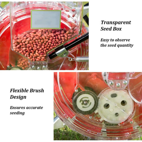 Manual Hand Push Garden Seeder With Wheel For Easy No Bend Planting Saves Time And Effort Stainless Steel Duckbill Seed Box showing transparent seed box and flexible brush design for accurate seeding.
