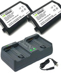Two Pack Battery And Dual Charger For Nikon EN-EL18d Cameras Z9 D4 D4S D5 D6 D850 With Adapters And Grips displayed with charger