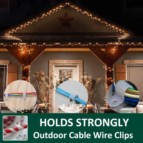 100 Pack Half Inch P Style Rope Light Clips With Stainless Steel Screws for attaching lights to a home's exterior at night.