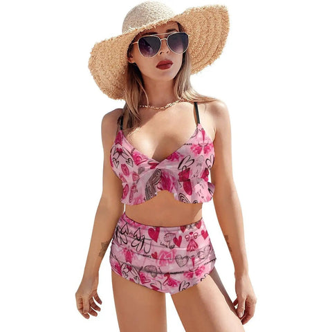 Model wearing Pink Love Heart Shape Two Piece Bikini Set With Adjustable Shoulder Straps And Soft Removable Padding XL