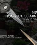 Close-up of Nonstick Resin-Resist Micro-Tip Garden Snips 6 Inch Fluorine-Coated Scissors Pruning Shear, showing non-stick coating