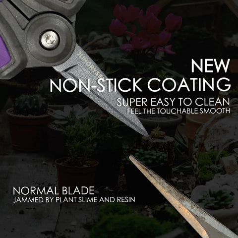 Close-up of Nonstick Resin-Resist Micro-Tip Garden Snips 6 Inch Fluorine-Coated Scissors Pruning Shear, showing non-stick coating