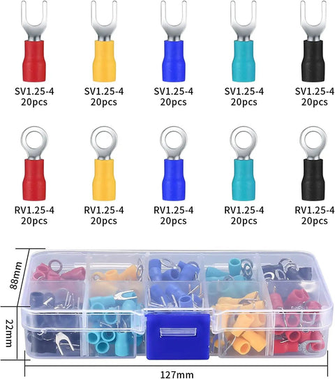 200 Pcs Insulated Wire Connectors Kit With Mixed Ring Spade Butt Fork Quick Disconnect Crimp Terminals For Do It Yourself Home And Auto Wiring Projects Includes 2 Sizes And 5 Colors, connectors in case with dimensions