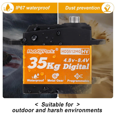 Beefy High Torque RC Servo 35kg Waterproof Metal Gears shown with waterproof and dust prevention features.