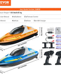 Rad Two Pack Remote Control Boat for Pools and Lakes Night Racing LED RC Boat for Kids and Adults Fully Waterproof Includes Four Rechargeable Batteries Safe Auto Power Off When Out of Water, showing orange and blue boats with remote controls.