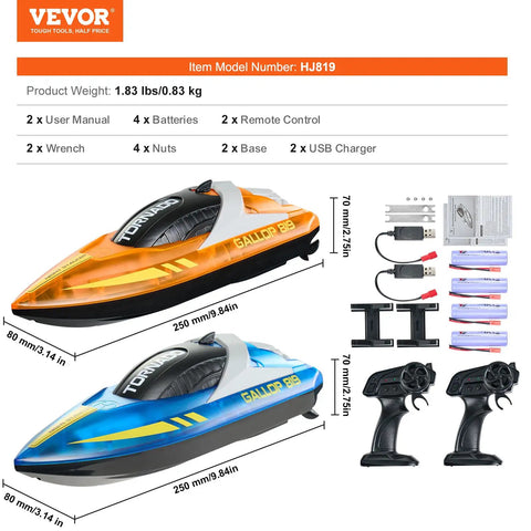 Rad Two Pack Remote Control Boat for Pools and Lakes Night Racing LED RC Boat for Kids and Adults Fully Waterproof Includes Four Rechargeable Batteries Safe Auto Power Off When Out of Water, showing orange and blue boats with remote controls.