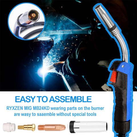 Welder using MB24KD MIG Welder Accessory Kit with 20 PCS Tips and Nozzles including components shown below.