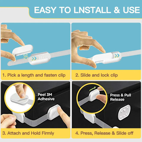 Easy Install No Drill Baby Proof Cabinet Locks Set installation steps, showing adjustable strap and 3M adhesive use
