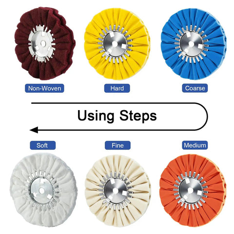 Six buffing wheels in various materials for different uses, including non-woven and coarse types, with a focus on 8 Inch Nonwoven Airway Satin Buffing Wheel Set For Angle Grinder 5 Eighths Arbor Hole 4 Pack For Polishing Aluminum And Stainless Steel Achieve Brushed Satin Finish Deburring And Surface Prep.
