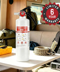 Compact 2.5Lb ABC dry powder fire extinguisher in a camper setting for fast fire defense, featuring UL ANSI 299 certification.