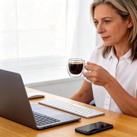 Woman holding Six Pack Double Wall Insulated Espresso Cups With Handles Clear Borosilicate Glass Shot Glasses at desk