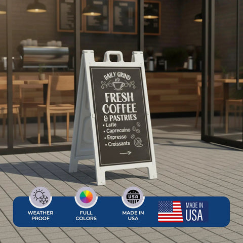 24x36 Coroplast A Frame Sign Panel With Straight Fire Custom Prints Hella Tough Weather Resistant Construction Made In USA displayed outside a café.