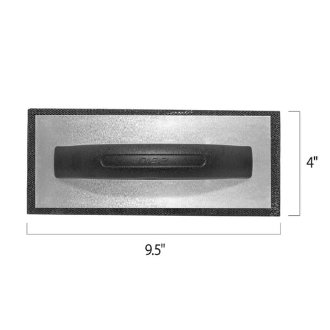 Molded Rubber Grout Float With Non Stick Gum Rubber Pad 4 In By 9.5 In Aluminum Back Plate Beveled Sides For Smooth Tile Grout Application Contoured D Handle Black Easy To Clean With A Quick Rinse Pro Grade top view with dimensions