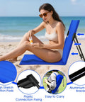 Woman using 2 Pack Foldable Poolside Chairs With Backrest, Aluminum Beach And Pool Edge Loungers, Portable Camping Folding Chairs, Blue