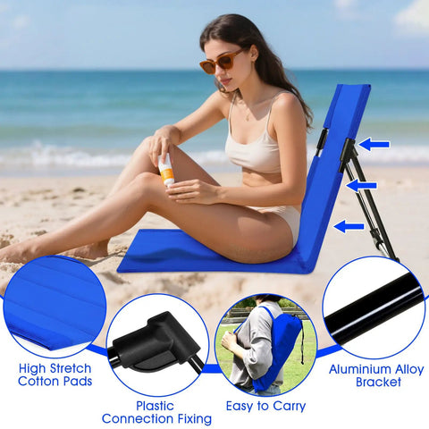 Woman using 2 Pack Foldable Poolside Chairs With Backrest, Aluminum Beach And Pool Edge Loungers, Portable Camping Folding Chairs, Blue