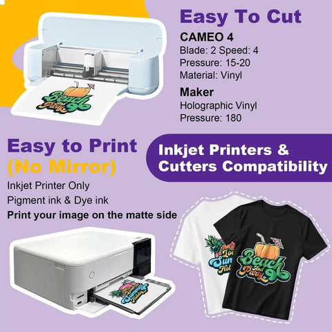 Inkjet Printable Heat Transfer Vinyl For T Shirts With Alignment Masks, 7 Sheets 8.5 By 11 Inches, Easy Iron On Transfer Paper For Light And Dark Fabrics, Vivid Colors, Parchment Included displayed with printer and cutter compatibility.