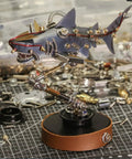 Steampunk Mutant Shark Metal Model Kit With 217 Pieces 3D DIY Puzzle showcasing articulated fins in brass and copper on a black base