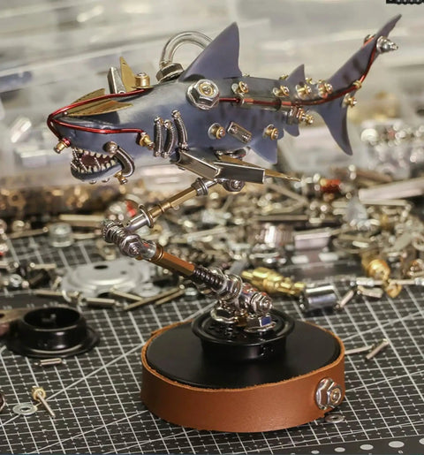 Steampunk Mutant Shark Metal Model Kit With 217 Pieces 3D DIY Puzzle showcasing articulated fins in brass and copper on a black base