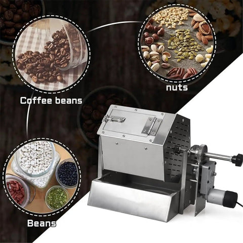 Badass Build Hella Spacious Gas Coffee Bean Roaster With Thermometer And Stainless Steel Drum For Home And Commercial Use showing coffee beans and nuts.
