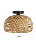 Bamboo Flush Mount Light Fixture With Woven Basket Design, Rustic Boho Semi Flush Ceiling Light for Hallway, Bedroom, Kitchen, Entryway