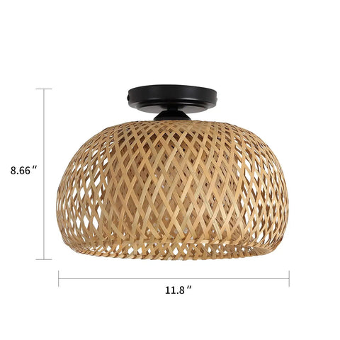 Bamboo Flush Mount Light Fixture With Woven Basket Design, Rustic Boho Semi Flush Ceiling Light for Hallway, Bedroom, Kitchen, Entryway