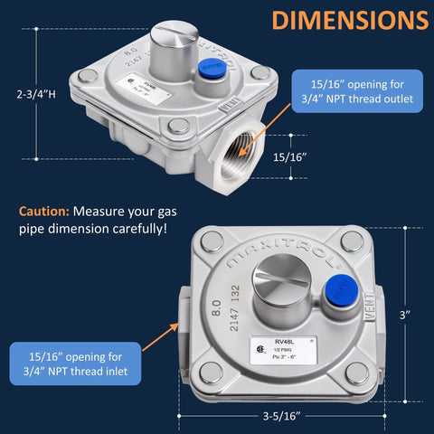 Maxitrol RV48L natural gas regulator with 3/4 in NPT inlet/outlet and 15/16 in openings; CSA certified.