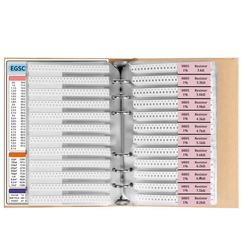 Open booklet showing Extensive SMD Electronics Component Kit With 5600 Pieces Including 0805 Resistors 0 Ohm To 10 Megaohm 1 Percent