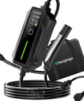 Portable Level One and Level Two EV Charger for Teslas and Other EVs with 240 Volt 16 Amp NEMA Six Twenty Home Charging Option and 120 Volt 12 Amp Adapter Adjustable 8 to 16 Amp NACS Compatible 25 Foot Cable ETL Certified LCD Display Travel Bag shown with charging unit, cable, and bag.