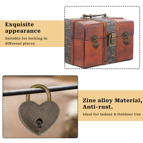 Two Piece Antique Bronze Hasp Latch Set With 27x30mm Hasp Latch And 24x21mm Mini Box Hinges Plus 22x38mm Love Locks With Keys on wooden box