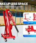 Built Tough Folding Engine Hoist With Quick Adjust Leveler And Rock Solid 6400 Lbs Alloy Steel Capacity in red, compact design for easy storage.
