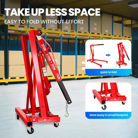 Built Tough Folding Engine Hoist With Quick Adjust Leveler And Rock Solid 6400 Lbs Alloy Steel Capacity in red, compact design for easy storage.