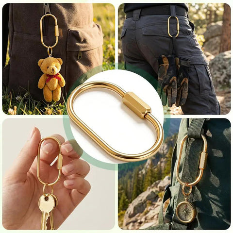 Six Pack Gold Brass Carabiner Key Rings with Screw Lock and Keychain Clips D Ring Sets for Keys Bags and Everyday Carry