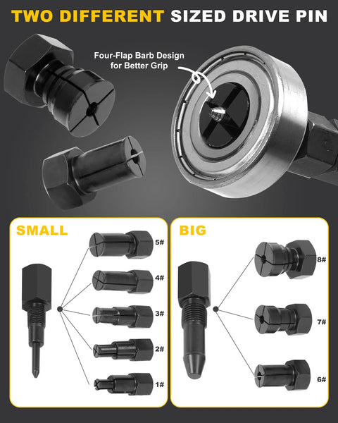 Blind Hole Bearing Puller Set for Bicycles and Motor Vehicles showing different sized drive pins and expandable collets.